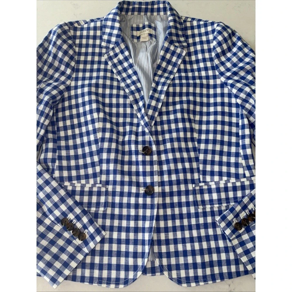 J Crew Schoolboy Gingham blazer Linen Womens 10 G1482 Lined Plaid Blue Summer